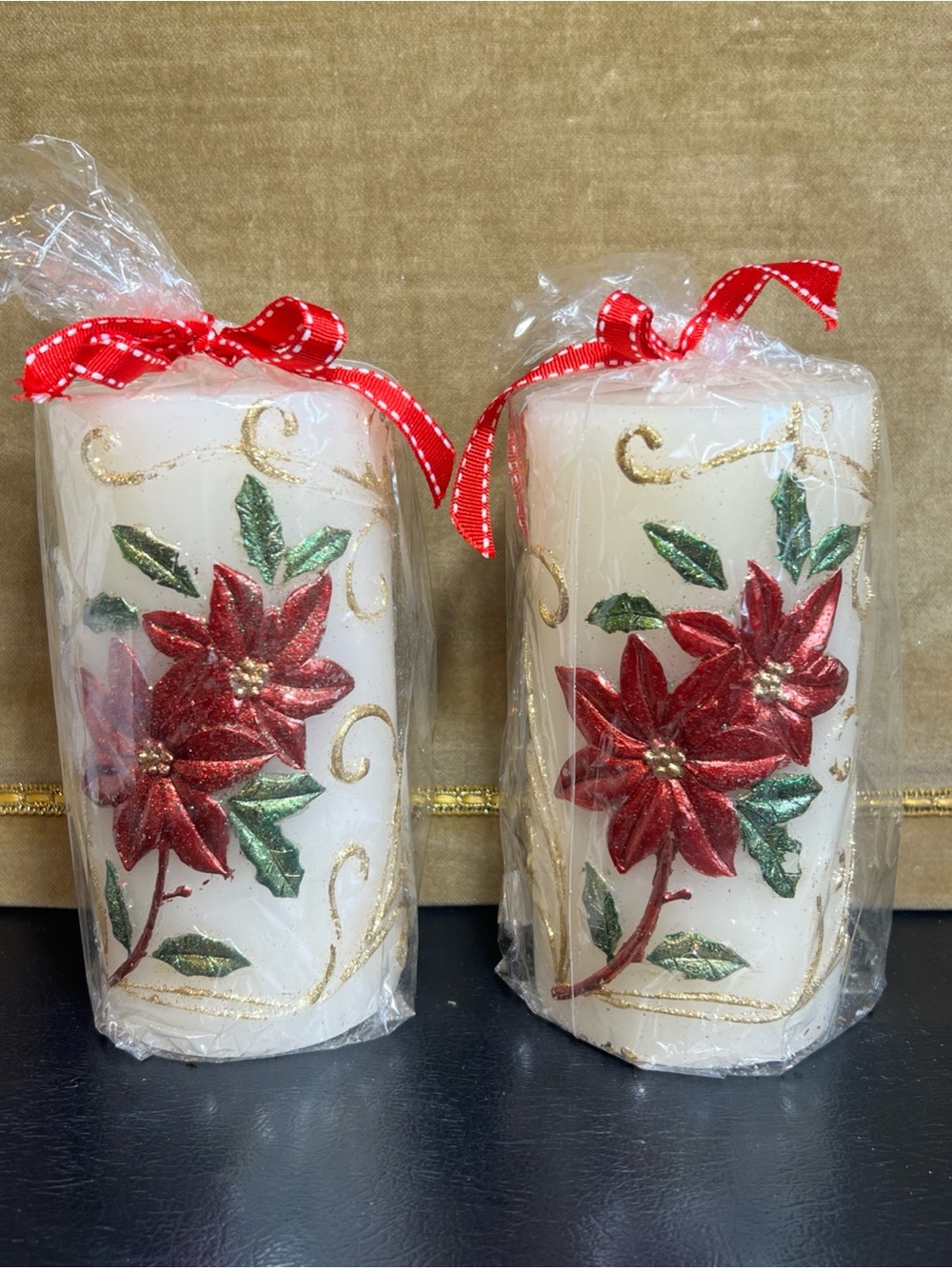 Vintage Pillar Christmas Red Poinsettia Candles Siam Karat Int’l Vietnam 3x6”